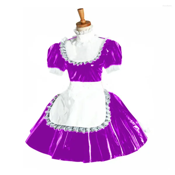 Robes décontractées PVC Maid Robe A-Ligne Lolita Blanc Dentelle Coupe Fantaisie Costume Vinyle Slim Manches Courtes Puff Robes Plus Taille