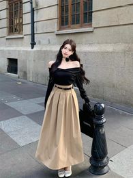 Casual jurken Q-W Adies Japanse streetwearrsvppap Officials Store Trui met lange mouwen en top Dieptepunt Shirt Hoge taille Rok Plooi