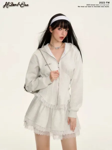 Robes décontractées Q-W Adies Japonais Streetwearrsvppap Officiels Store Automne Flown Flower Gris Set Lace Fishbone Wair Design Fig Fla