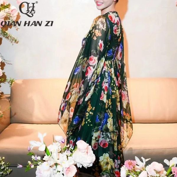 Robes décontractées QHz Designer Fashion Ruffle Elegant Long Robe pour femmes manches de chauve-souris vintage imprimé de fleur de luxe Slim Beach Vacation Maxi