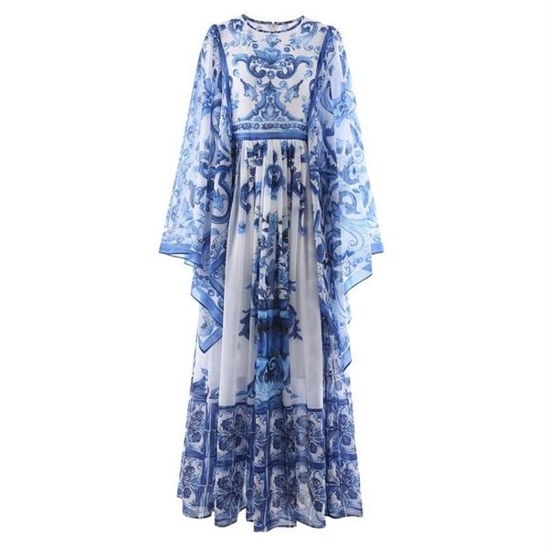 Robes décontractées Qian Han Zi Designer Fashion Runway Summer Robe longue pour femmes manches chauve-souris bleu et blanc porcelaine impression Vacati319h