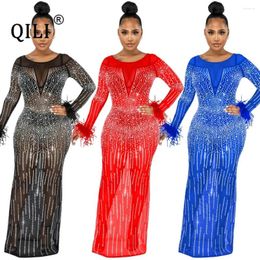 Robes décontractées QILI- Voir à travers la maille strass diamants robe discothèque fête vêtements perspective manches longues longues