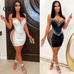 Robes décontractées Qili Sexy sans bretelles strass Midi blanc noir sans manches robe dos nu Club de fête