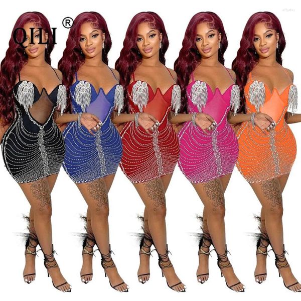 Vestidos casuales QILI-Sexy Suspender Dress Rhinestone Midi Diamond Nightclub Party Style Nalgas Bodycon