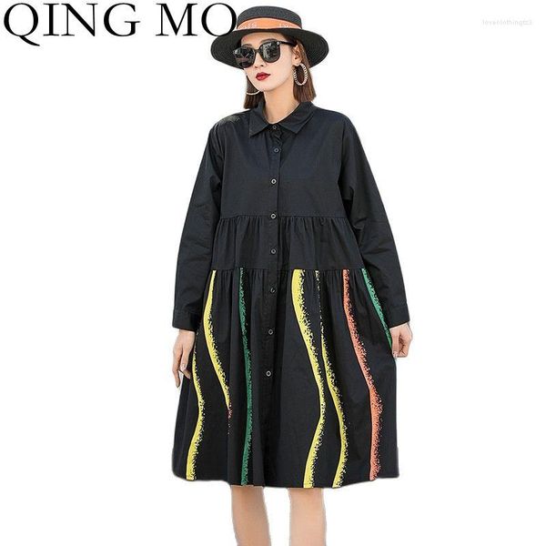 Robes décontractées QING MO 2023 mode lâche couleur rayé imprimé robe femmes printemps grande taille revers à manches longues chemise noir ZWL2073