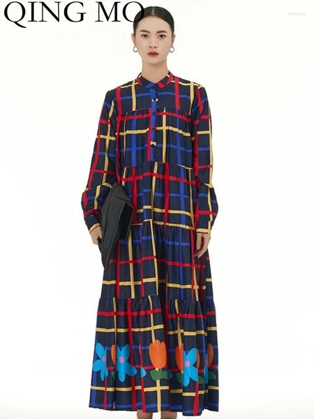 Robes décontractées Qing Mo 2024 Automne Hiver Lâche Plaid Gâteau Robe Surdimensionnée Femme Noir Treillis Personnalisé Fille À La Mode ZY294A