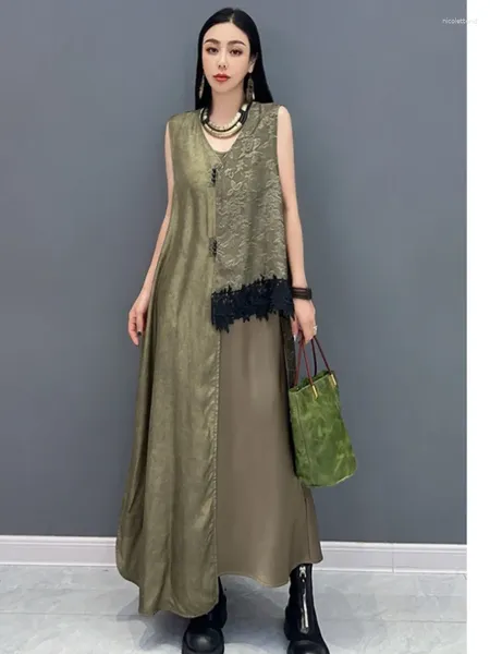 Robes décontractées Qing MO 2024 Robe d'épissure verte style chinois Satin Long sans manches lâches polyvalentes