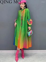 Casual jurken Qing MO 2024 Leer herfst groen blauw geplooide jurk vrouwen kleurrijke bloeiende driedimensionale bloem elegant zxf4995