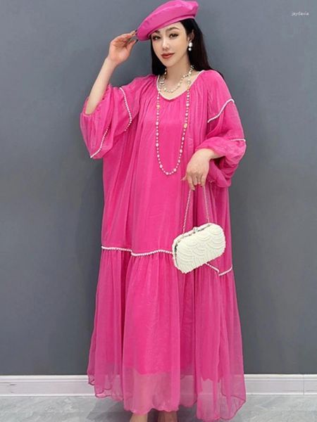Robes décontractées Qing MO Summer Long Mariffon Robe rose Mid Mleeved Longueur Jupe perle en V-Col