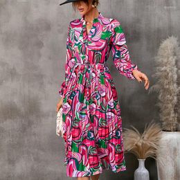 Robes décontractées QINJOYER femmes Maxi à manches longues dames col en v une ligne élégante laisser imprimer Robe printemps automne Robe de plage