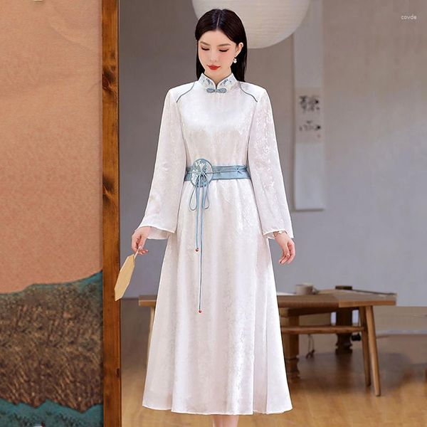 Robes décontractées Qipao printemps et automne jeune haut de gamme élégant Style chinois col montant manches pagode à lacets robe de dame S-XXL