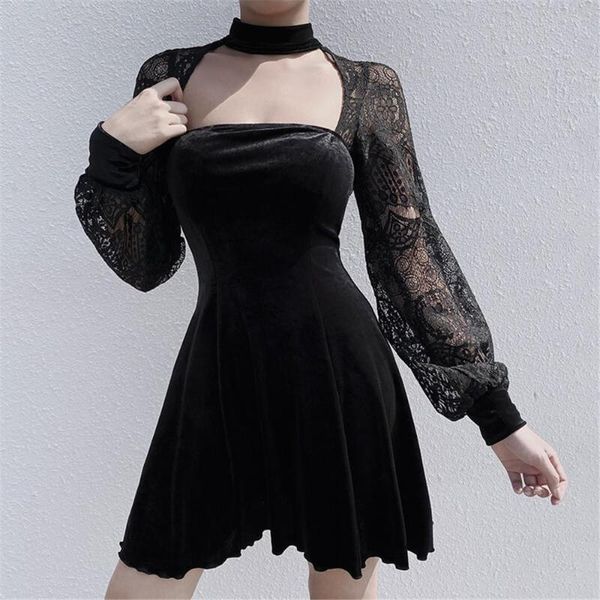 Vestidos casuales QnvigoVestido de encaje sexy para mujer Costura espalda abierta Hueco Fiesta oscura Negro plisado