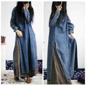 Robes décontractées QPFJQD Femme Denim Rétro Pull Robe À Manches Longues 2024 Printemps Automne Style Chinois Femmes A-ligne Longue O-cou