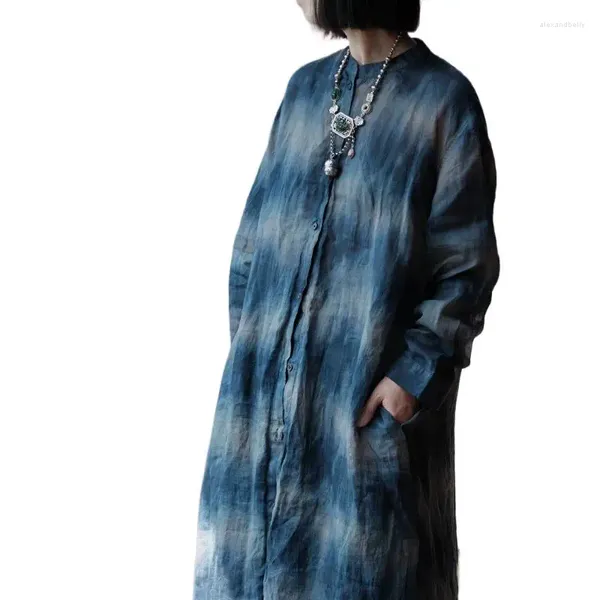 Robes décontractées QPFJQD Femme Rétro Tie-Dye Bleu Chemise Robe Col Montant À Manches Longues Bouton Automne Printemps Vêtements Femmes Ramie A-ligne