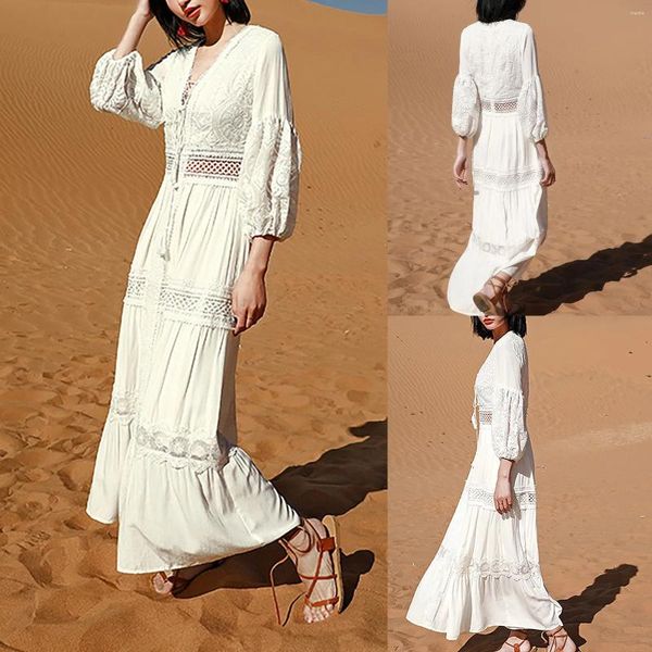 Robes décontractées Qualité Français Rétro Blanc Fée Robe à volants pour femmes Summer Denim Taille Large Wrap