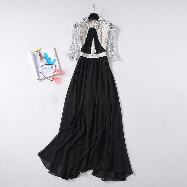 Robes décontractées QUALITY HIGH 2023 Fashion Designer Women's Elegant Half Sleeve Flower Lace Broderie Patchwork Black Linen Maxi Long Dress