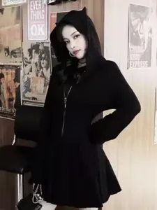 Vestidos casuales Qweek 2024 Otoño Gothic Harajuku Goth Dark Black Vestido con capucha con orejas Estilo coreano Zip Kpop Wrap Mini Short