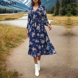 Robes décontractées Qybian 2024 Femmes Printemps Manches longues Fleur Bleu Robe imprimée Robes de Fiesta Pedreria Bouton à col en V avec ceinture