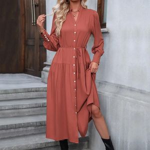 Robes décontractées Qybian Maxi robe pour femmes à manches longues col en V cordon boutonné fendu