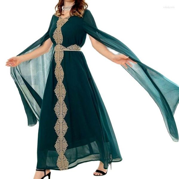 Robes décontractées Ramadan Mode Cape Manches Dentelle Mousseline de soie Longue Robe de bal Marocain Kaftan Abaya Dubaï Dames Femmes Cape