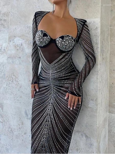 Robes décontractées RDMQ 2023 Glitter Mesh Voir à travers la fête Maxi Robe pour femmes Mode Pleine manches Bodycon Sexy Club Longue Soirée Robe