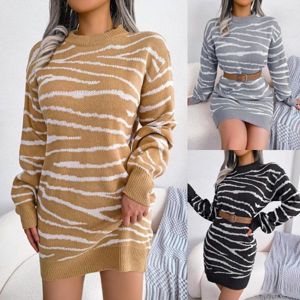 Robes décontractées Real S Automne et hiver européen américain style de rue motif de tigre à manches longues robe de laine indépendante