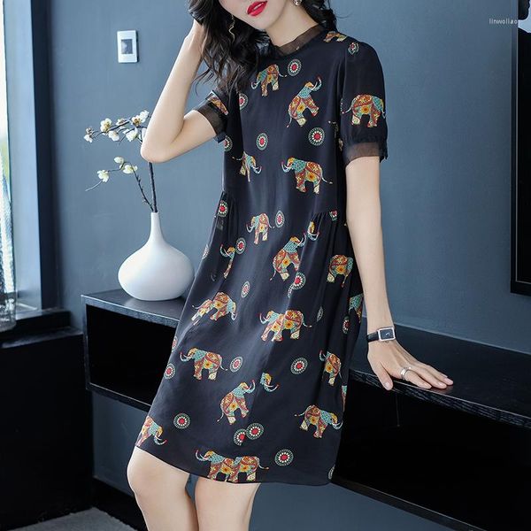 Vestidos casuales de seda real negro para mujer 2023 verano elegante moda cuello redondo manga corta Vintage estampado suelto mujer vestido recto