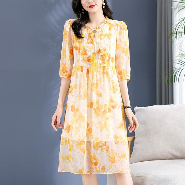 Robes décontractées vraie soie femmes robe jaune 2023 été élégant mode pour les femmes a-ligne Vintage femme imprimer longue Midi