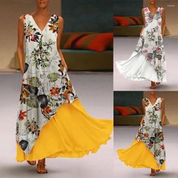 Casual jurken rebicoo jurk vrouwen vintage v nek splitsen bloemen bedrukte mouwloze maxi mode