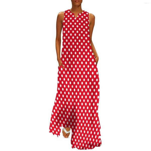 Vestidos casuales Vestido de lunares rojo y blanco Impresión retro Moderno Maxi Estética Larga Primavera V Cuello Diseño Vestidos Tamaño grande