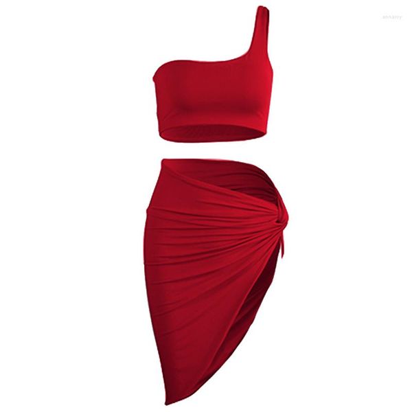 Vestidos casuales rojo asimétrico moda 2023 verano Chic 2 piezas faldas traje camisola única línea A Mini vestido femenino con volantes Vestidos