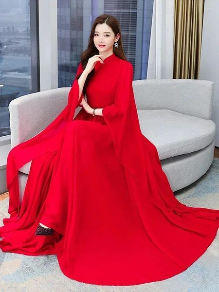 Vestidos casuales Vestido de playa rojo Ropa de verano para 2023 Tarde Maxi Moda Elegante Gasa blanca Manga larga Rosa Boda de fiesta F62