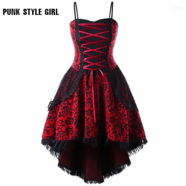 Vestidos casuales Rojo Negro Navidad Vintage Lace Steampunk Vestido de fiesta Correas de espagueti Vendaje Irregular Swing Cosplay Custume Holiday