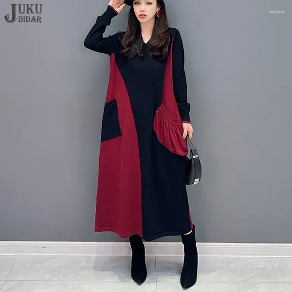 Vestidos casuales Red Black Patchwork Contrast Color Diseño Mujer de invierno Mujer largo estilo coreano Fit Big Big Bour Bonte JJXD652