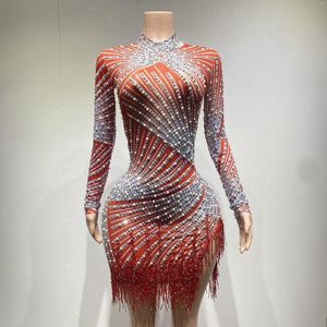 Rood Zwart Strass Parels Jurken Rode Fringe High Neck Mesh Bodycon Jurk Bar Verjaardag Vieren Jurk Vrouwen Dans Outfit