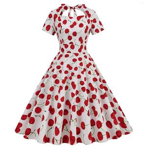 Vestidos casuales Vestido de verano con estampado de cereza roja para mujer Elegante manga corta Rockabilly Party Vintage Robe Swing A Line