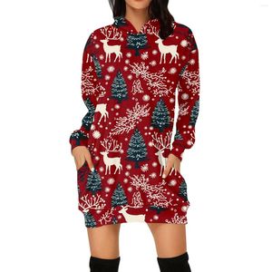 Robes décontractées Robe de Noël rouge pour femmes Mode Père Noël Arbre Imprimer Sweat à capuche pour femmes Sweatshirts Fête de vacances Pulls Mini