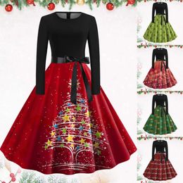 Robes décontractées Noël rouge pour les femmes Vintage 50s 60s manches longues Swing Pinup Robe Arbre de Noël Imprimer Vacances élégantes