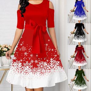 Vestidos informales, vestido rojo para mujer, 2021, con cinturón, estampado de copos de nieve, hombros descubiertos, cuello redondo, de talla grande, moda para mujer, fiesta de Navidad