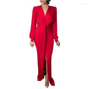 Casual jurken Red Elegante feestavondjurk Vrouwen lange mouw sleuf sleuf maxi lente zomer 2023 stijl damesgewaad Vestidos