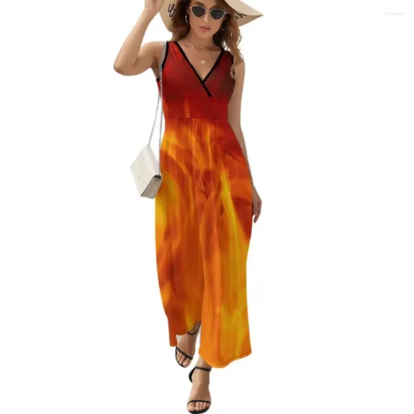 Robes décontractées Robe d'art de flamme de feu rouge LadiesSexy Maxi Col V Taille haute Streetwear Design Boho Beach Long