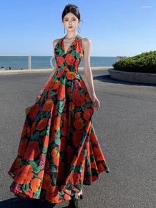 Casual jurken rode bloemenprint sexy backless prom lang voor vrouwen halter v-neck elegante feest avond slip jurk zomer gewaden bohemien