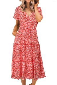 Casual jurken rode bloemen warp V-hals midi-jurk met korte mouwen voor dames zomerstrand Boho