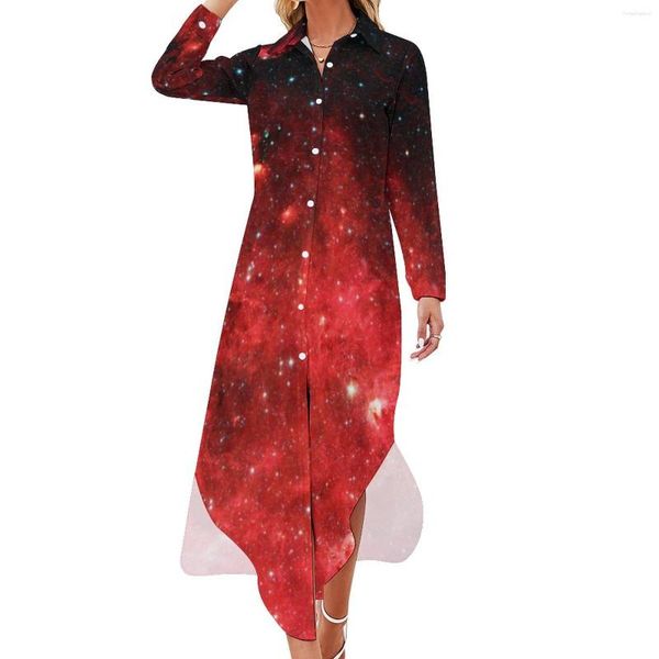 Robes décontractées Red Galaxy Sky Robe Amérique du Nord Nébuleuse Esthétique Sexy Col V Tendance En Mousseline De Soie À Manches Longues Robe Grande Taille