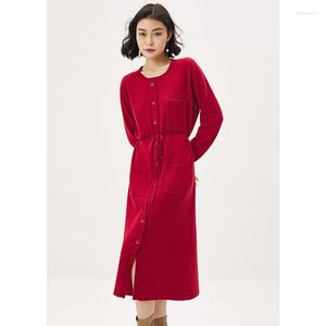 Casual jurken Rood gebreide jurk winter wollen wollen wollen vestidos de mujer bruiloft voor vrouwen rechte middenkalf o-neck