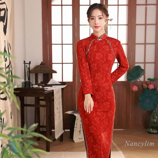 Vestidos casuales Vestido de encaje rojo Cheongsam Mujeres Primavera Invierno Manga larga Casarse Fiesta de noche Soporte Collar Adelgazamiento Traje