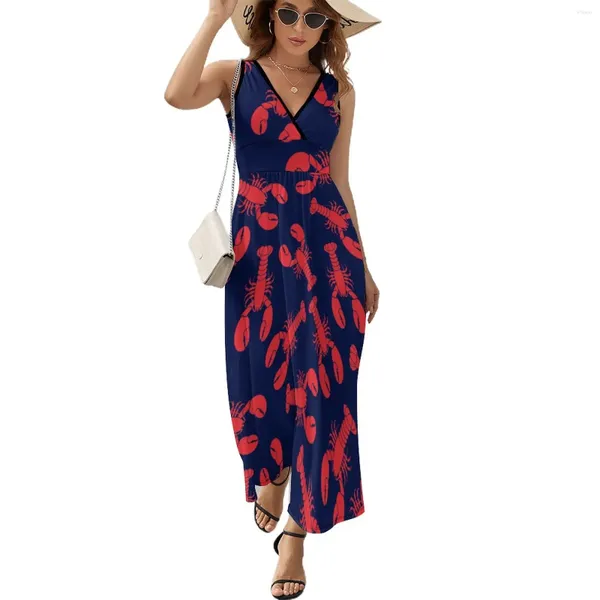 Robes décontractées homard rouges drapeau américain art bleu marine (10) robe d'été esthétique bohémie longue femme haute taille nocment club maxi