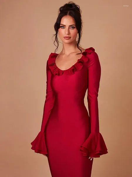 Vestidos casuales Rojo Corte bajo Manga acampanada Vestido con volantes Vestido con cuello en V Bodycon Una línea Midi Vestidos 2023 Banquete de invierno Fiesta de noche Lady's