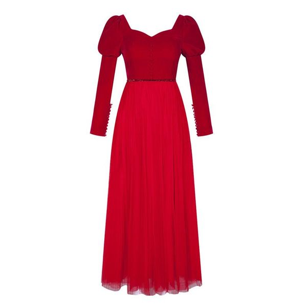 Vestidos casuales Vestido de fiesta de terciopelo de retazos de malla roja Botones de escote en V de corte bajo Botones de manga larga Cintura de diamantes de imitación Espalda descubierta Maxi