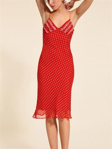 Vestidos casuales rojo Midi Sling Dress mujeres Polka Dot Print Sexy elegante Deep V sin mangas espalda descubierta viscosa mujer verano 2023 Robe